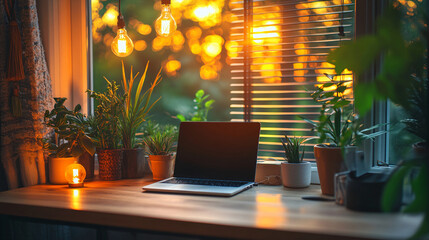 Cozy home office setup with a laptop on a modern desk beside a window and natural light