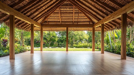 Open air yoga retreat with wooden pavilions, lush garden views, and a naturally