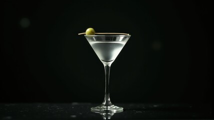 A classic martini shimmering in low light, featuring olive and subtle reflections, capturing the essence of premium mixology in a minimalist scene.