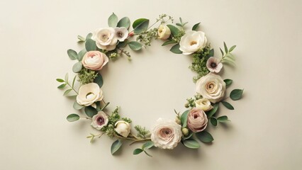 Elegant floral wreath arrangement featuring delicate pastel blossoms and lush greenery, perfect for wedding invitations or elegant announcements.