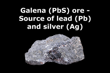 Mine, mining of Galena ore, for Lead (Pb) and Silver (Ag) contents. Precious metal. Poly metallic ore. Rock, texture. White text, black background