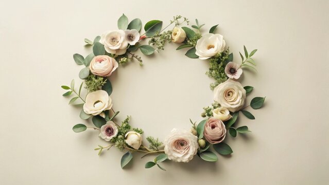 Elegant floral wreath arrangement featuring delicate pastel blossoms and lush greenery, perfect for wedding invitations or elegant announcements.