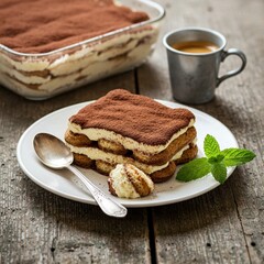 Homemade tiramisu served on a white plate with a spoon, garnished with fresh mint, alongside a cup of espresso on rustic wooden table. 