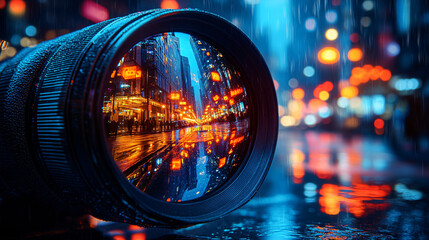 Close up of a camera lens reflecting a vibrant cityscape at night with colorful lights and blurred background