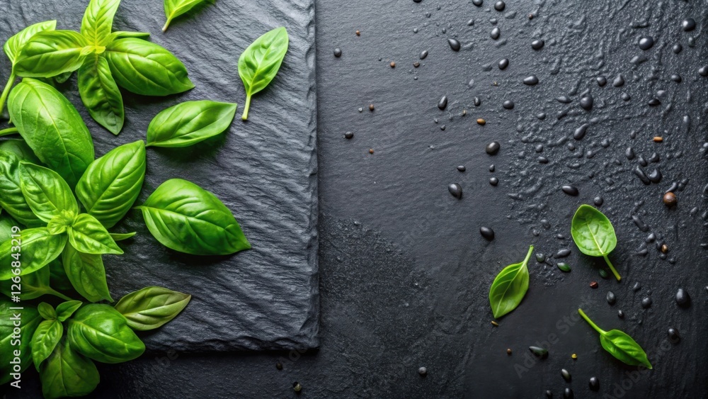 Poster aromatic fresh basil leaves arranged on dark textured surface with scattered spices