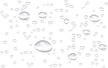 Seamless border of realistic vector water drops isolated on a transparent background. Stunning illustration of droplets from rain, shower, dew, or condensation on glass surfaces. 