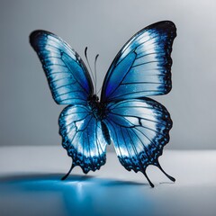 A luminous neon butterfly glowing with electric blue light on a pure white background.