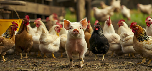 A piglet stands in front of a group of chickens on a farm