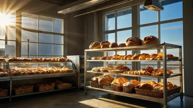 Video footage of sunlit bakery with shelves filled with various types of bread and pastries, showcasing a warm and inviting atmosphere