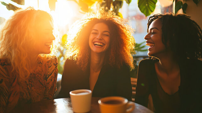Three women laughing and enjoying a conversation over coffee in a cozy caf? setting