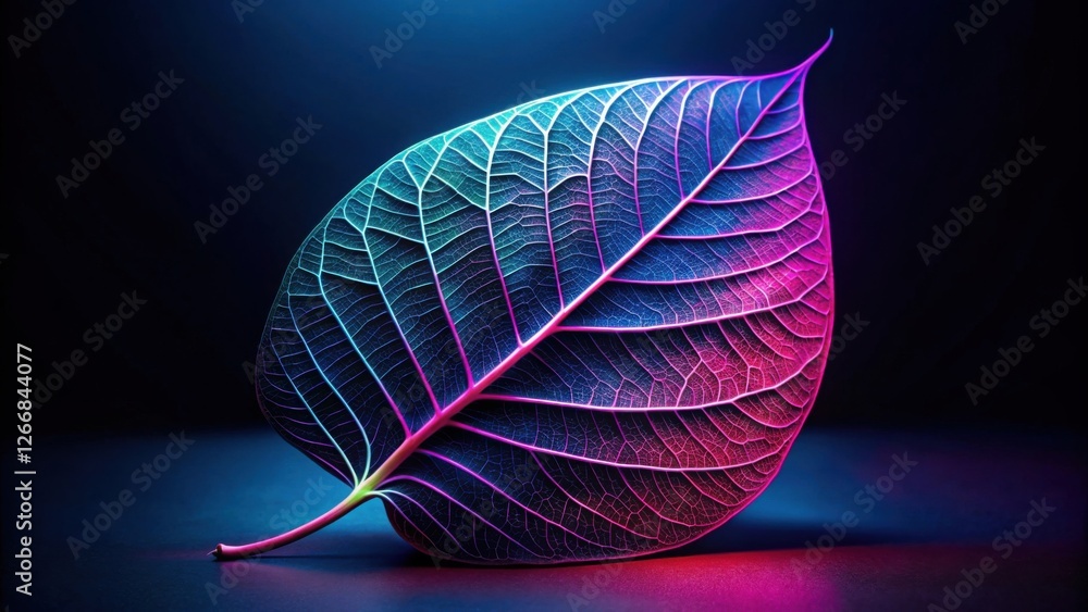 Poster vibrant leaf illuminated with neon hues, a close-up study of intricate vein patterns and striking co