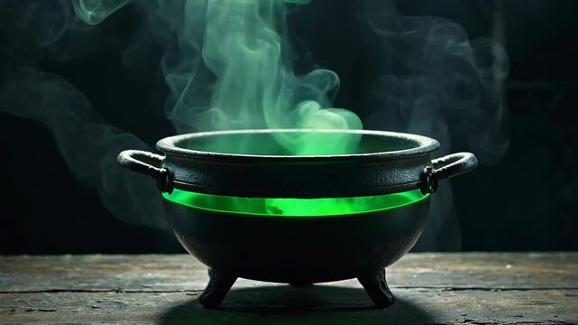 Video footage of black cauldron emits green light and steam, placed on a wooden surface with a dark background, creating a mystical and eerie atmosphere