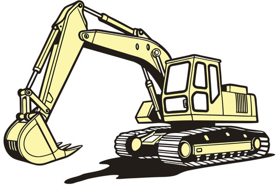  Heavy construction equipment, yellow excavator, industrial machinery, detailed illustration, clean lines, matte finish, bold colors, stylized design, white background, side view, hydraulic arm, buc