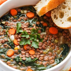 Hearty Lentil Soup with Vegetables, Fresh Spinach, and Warm Bread