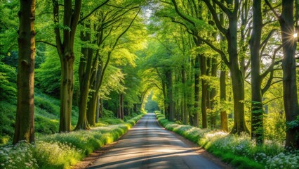 Obraz premium Sunlit Pathway Through a Lush Green Canopy of Trees, Flanked by Wildflowers