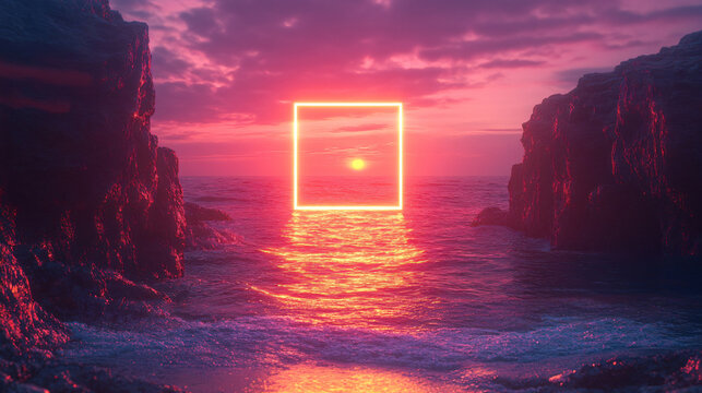 Bright sunset over ocean with cliffs and glowing yellow square light from an open door in the foreground