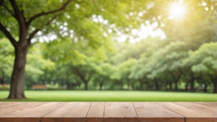 Sunlit Wooden Table in the Heart of a Green Park
