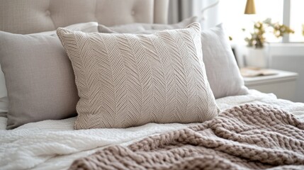 Decorative pillow arrangement on bed with window view for home decor ads