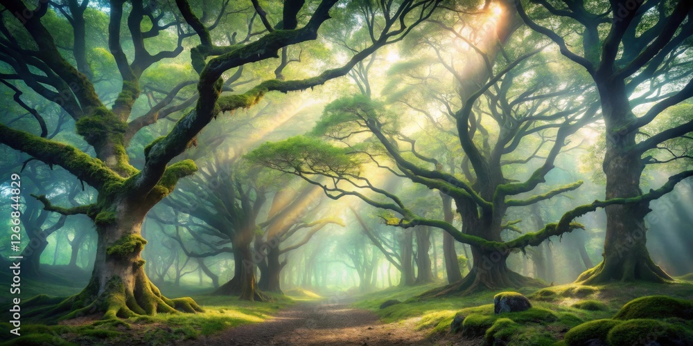 Aufkleber Sunlit Path Through a Mystical Moss-Covered Forest with Ancient Trees and a Gentle Haze