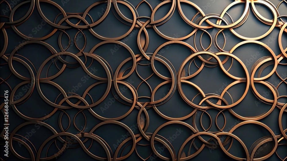Poster abstract bronze circular pattern design on dark background, an intricate interwoven composition of m