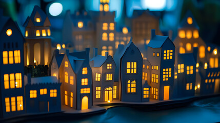 paper city with glowing windows created using tiny LED lights inside paper buildings 