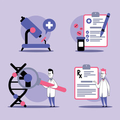 Medical professionals utilizing various tools such as microscopes and genetic analysis to enhance healthcare. Findings and prescriptions to improve patient outcomes concept