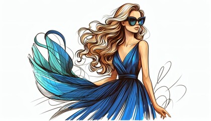 fashion illustration stylish woman classy long hair dress flowing chic glamorous sunglasses elegant