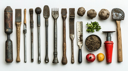 Assorted farming tools organized on a white surface for agricultural use and maintenance