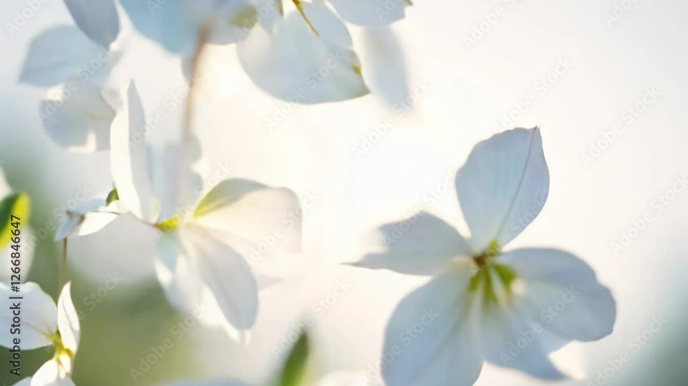 Poster smooth dolly video, moving with delicate white jasmine petals cascade, soft, diffused, slightly hazy