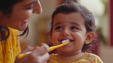 Parent teaches child how to brush teeth during morning routine in home setting