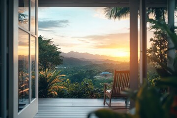 Fototapeta premium Captivating sunset view from a tranquil deck surrounded by lush greenery in a serene landscape setting. Generative AI