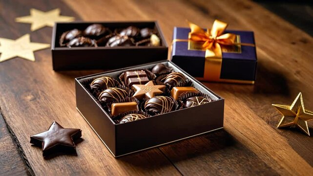 Video footage Two open boxes of assorted chocolates on a wooden surface, with a third closed box wrapped in blue and gold ribbon. Gold star decorations are scattered around