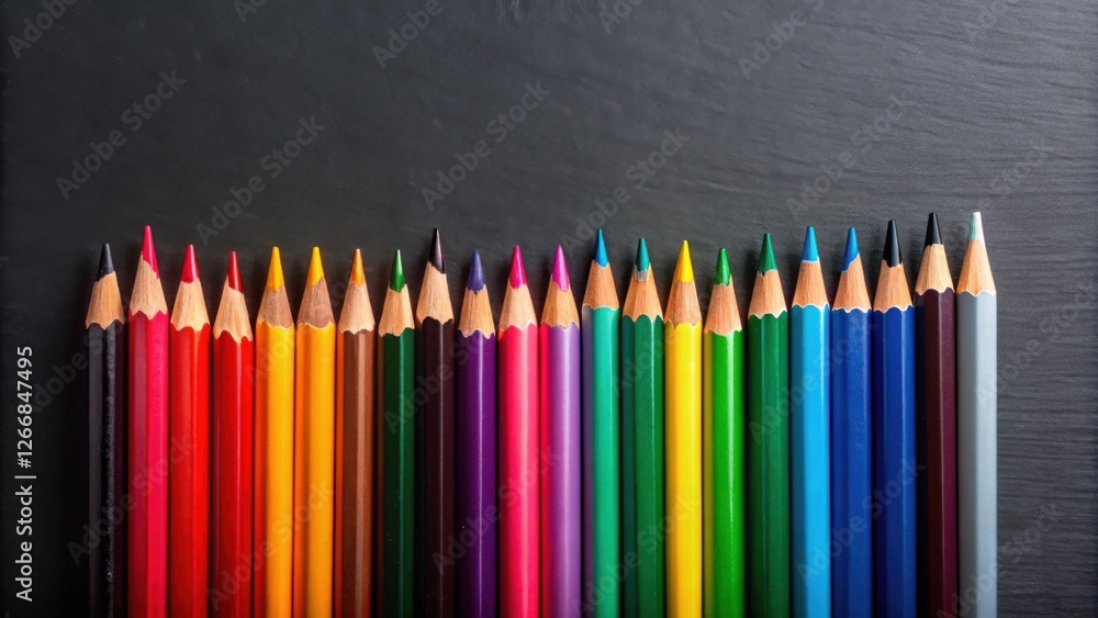 Poster a vibrant row of sharpened colored pencils arranged on a dark surface, ready for creative expression