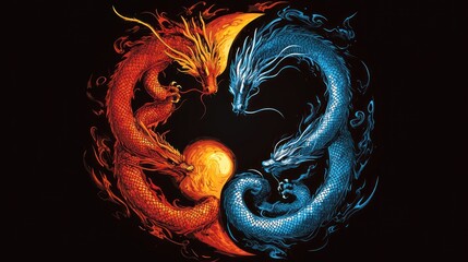 Naklejka premium Fire and ice dragons circle, yin yang symbol, dark background, fantasy art