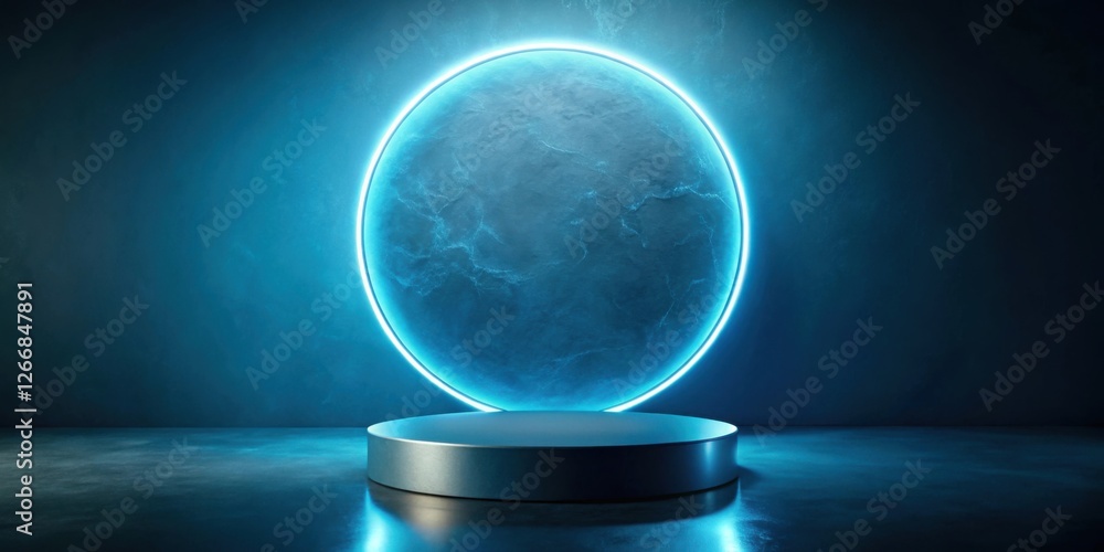 Aufkleber Futuristic Cylindrical Display Platform Illuminated by a Vibrant Blue Circular Light Source Against a Dark Textured Background