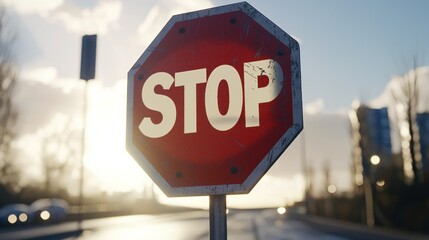 Obraz premium Worn stop sign on city street at sunrise