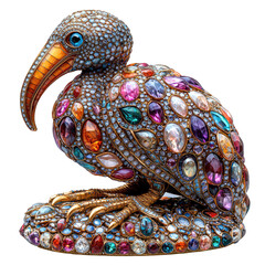 Fototapeta premium Intricate Gold Sculpture of a Colorful Shoebill Bird Adorned with Gemstones and Creative Details