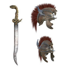 armor, helmet, and silver sword, Roman culture