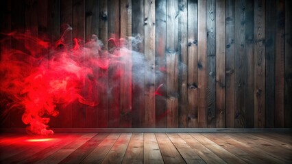 Mysterious Red and White Smoke Effect in a Room with Wooden Walls and Floor