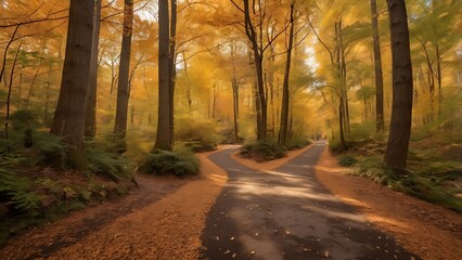Naklejka premium Stunning Autumn Forest Pathway with Vibrant Fall Foliage