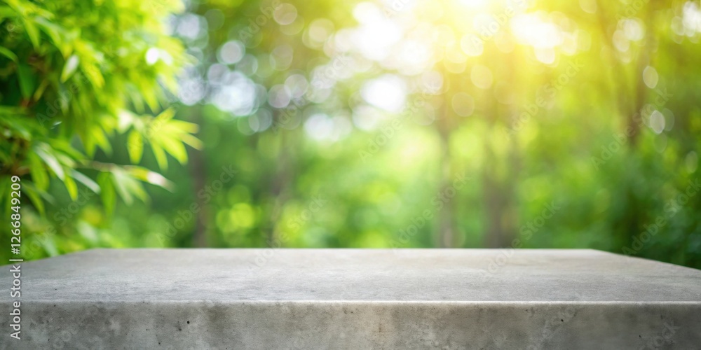 Poster serene stone surface against a backdrop of lush, sun-drenched foliage, perfect for showcasing produc