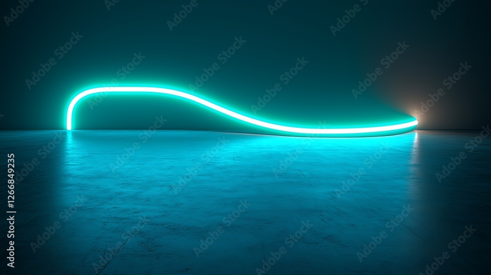 Poster glowing teal neon light curve on dark floor, futuristic background, design element