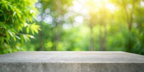 Fototapeta premium Serene stone surface against a backdrop of lush, sun-drenched foliage, perfect for showcasing products or concepts that emphasize natural harmony and tranquility.