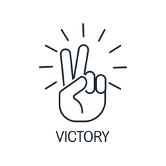 Fototapeta premium Gesture of victory with sparkles. Vector linear icon isolated on white background.