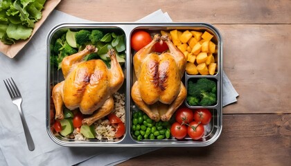 Roasted chicken in takeaway lunch box with healthy food delivery and a view from the top perfect for copy space images