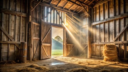 Fototapeta premium Rustic Barn Interior Illuminated by Golden Sunlight Streaming Through Open Doors Revealing a Serene Pastoral Landscape