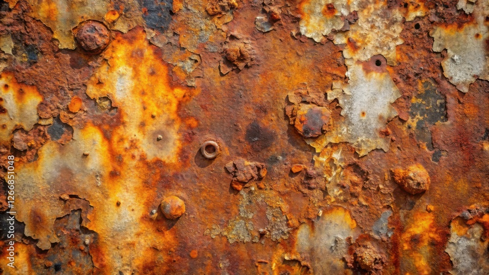 Poster Highly Textured Rusted Metal Surface with Embedded Fasteners Showing Extensive Corrosion and Flaking Paint