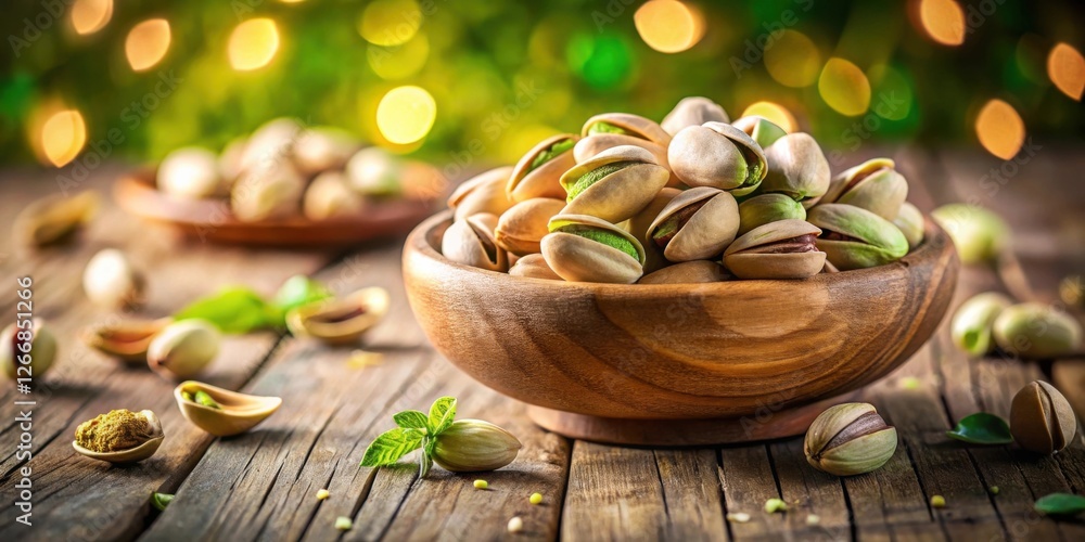 Poster a wooden bowl overflowing with shelled pistachios, scattered nuts and leaves on a rustic wooden surf