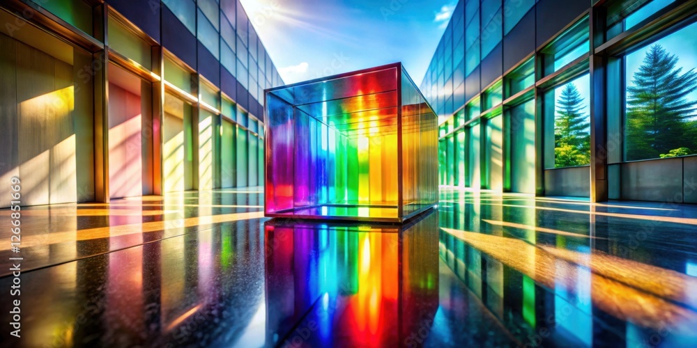 Aufkleber a prismatic cube's vibrant spectrum reflects in a modern building's polished floor, showcasing archi