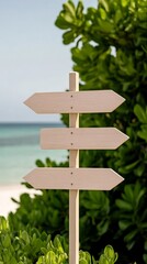 Elegant Aged wooden signs directing toward sea adventures beach cafes and island resorts with a turquoise sea in the distance 